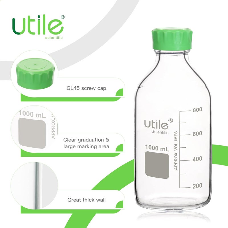 UTILE Media Bottle, 2pcs of 1000ml(33.8oz) 3.3 Borosilicate Glass Bottles with Lids, Lab Media Bottle Media Storage Bottle, 4038.1000.2 - Image 3